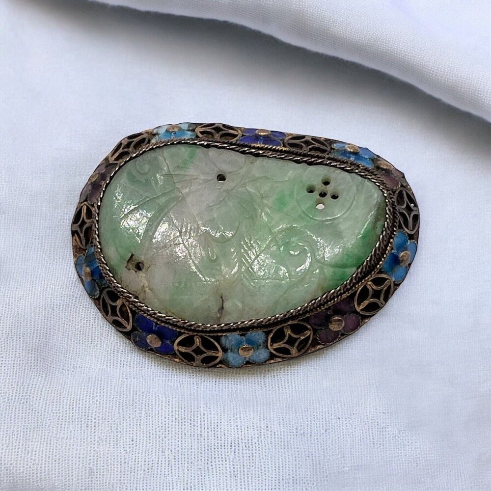 Sterling Silver 925 Carved Jade Enameled Brooch Pin VTG Chinese Asian Flowers